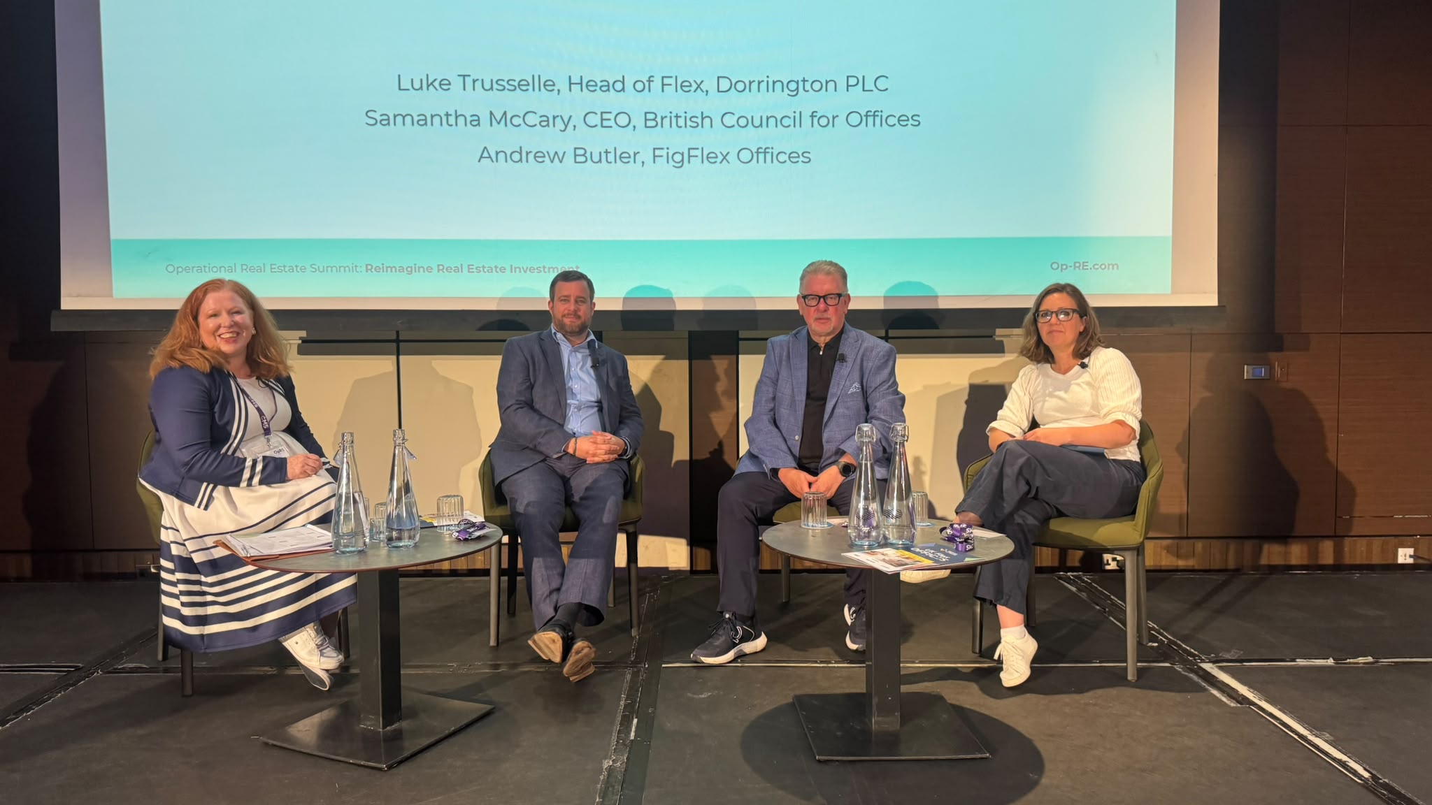 Zoe Ellis-Moore moderating the flex office panel at the Operational Real Estate Summit 2026, with Luke Trusselle of Dorrington PLC, Andrew Butler of FigFlex Offices and Samantha McClary of the British Council for Offices