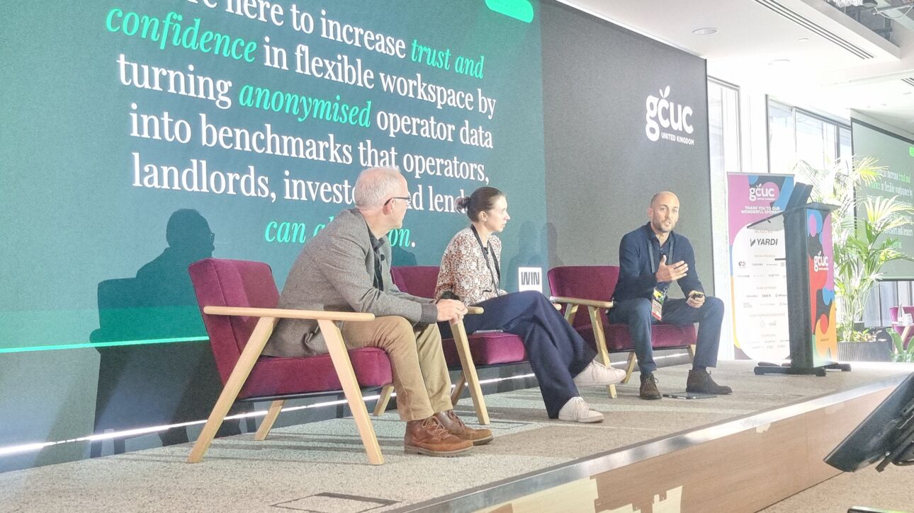 Jonathan Bevan, Jonny Rosenblatt and Becky Gardiner presenting WIN’s flexible workspace findings at GCUC UK