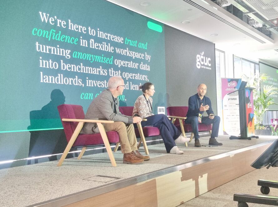Jonathan Bevan, Jonny Rosenblatt and Becky Gardiner presenting WIN’s flexible workspace findings at GCUC UK